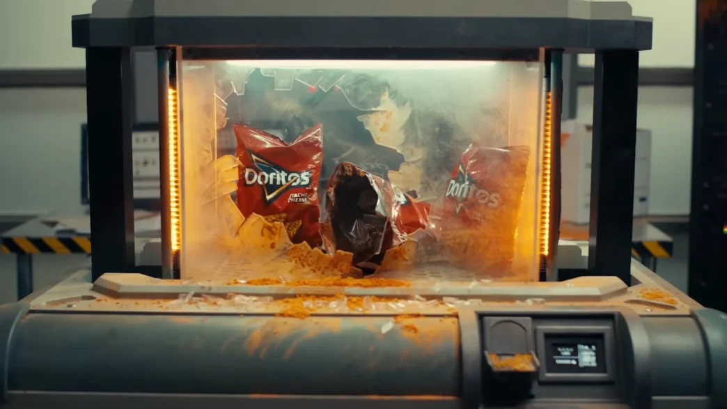 Pacotes de Doritos em máquina de snacks.