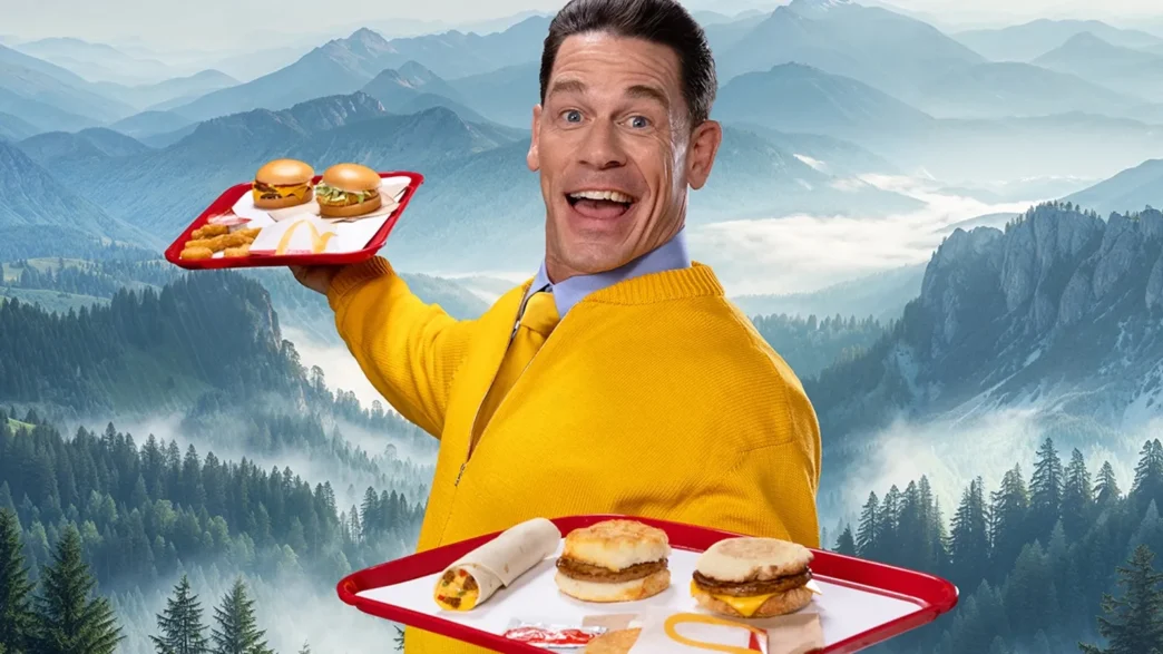 Homem sorrindo segurando bandejas de comida em montanhas