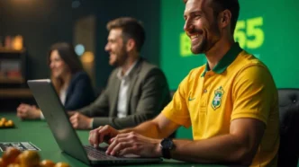 Homem sorrindo com laptop em reunião de negócios.