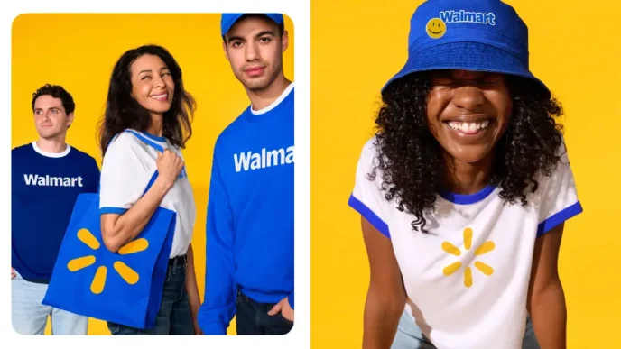 Pessoas felizes vestindo roupas da Walmart.