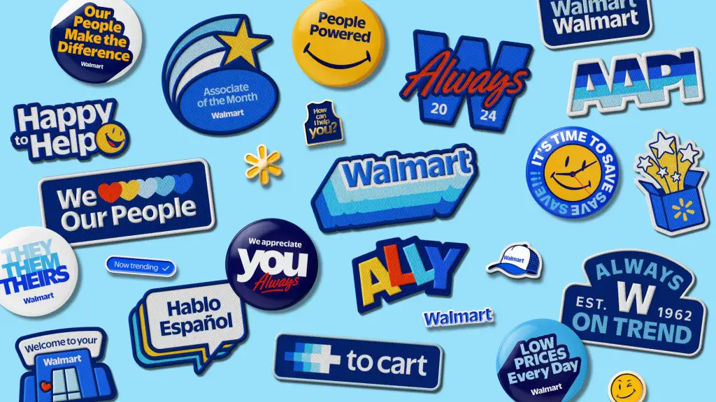 Adesivos coloridos com logotipos e mensagens motivacionais Walmart.