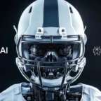 Robô com capacete de futebol americano, logos da OpenAI e Perplexity.