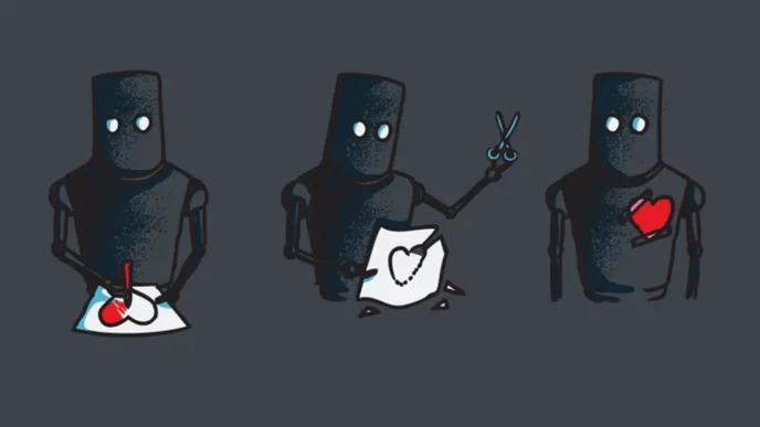 Robôs criando corações de papel com emoção.