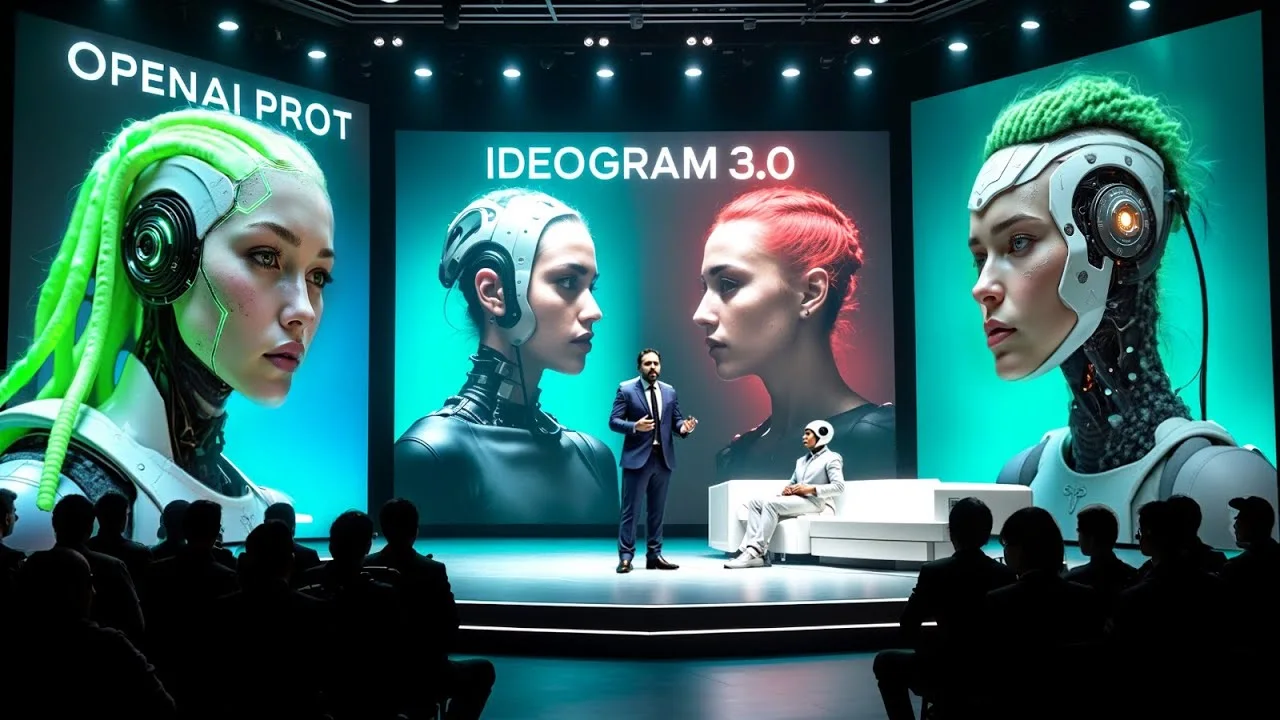 Apresentação de robôs futuristas em palco com público.