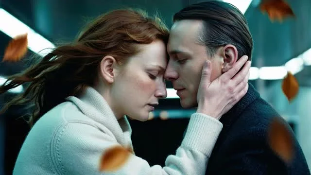 Casal se abraçando em ambiente moderno.