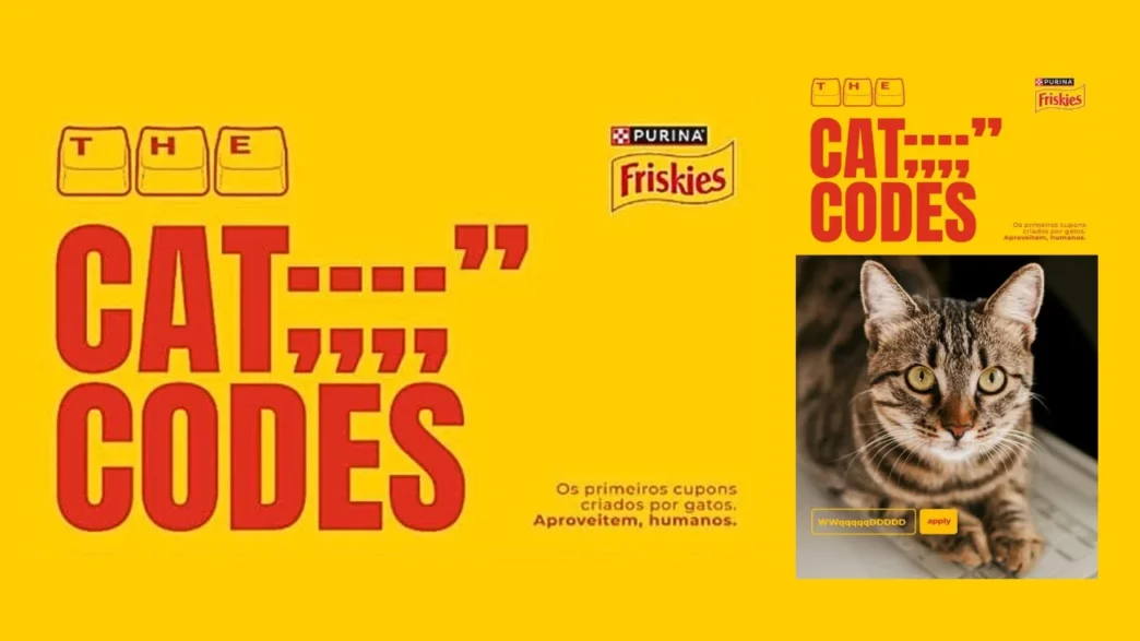 Publicidade Friskies com gato e cupons para humanos.