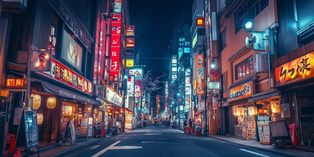 Rua iluminada em Tóquio à noite