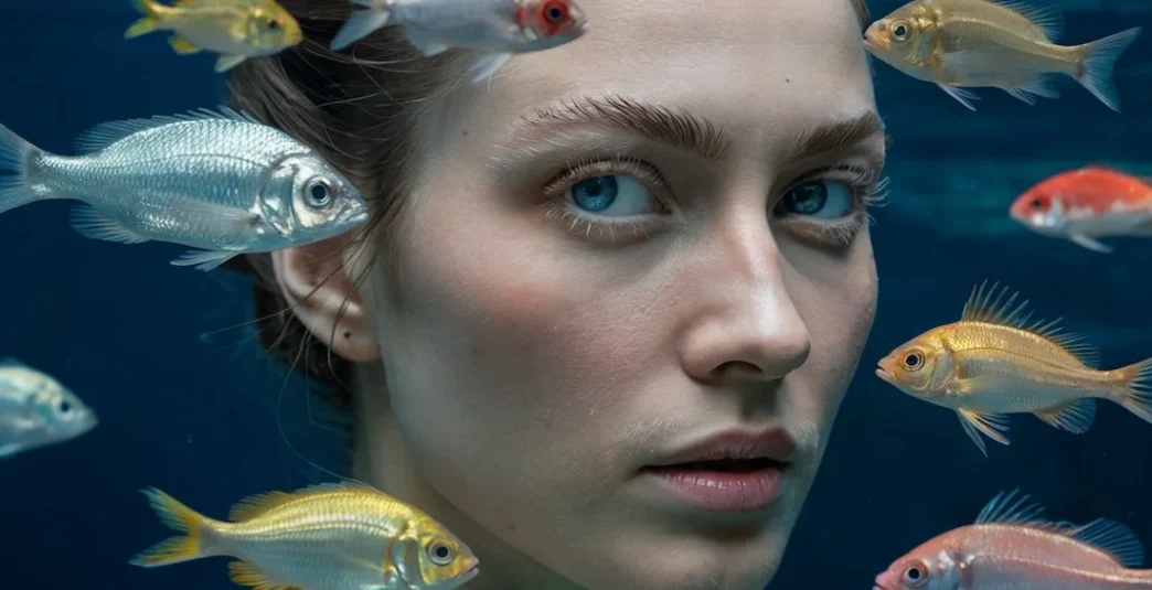 Mulher debaixo d'água cercada por peixes coloridos.