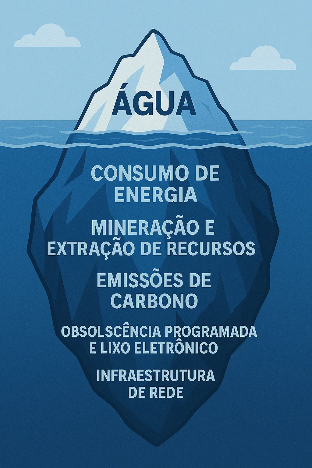 Iceberg representando impactos ambientais do consumo digital.