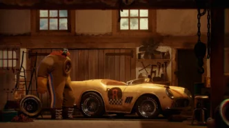 Oficina com carro esportivo amarelo e personagem animado