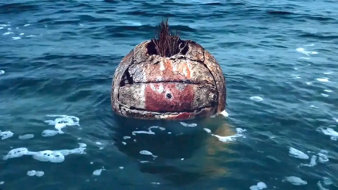 Coco com rosto flutuando no mar.