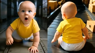 Bebê engatinhando e sentado em esteira transportadora