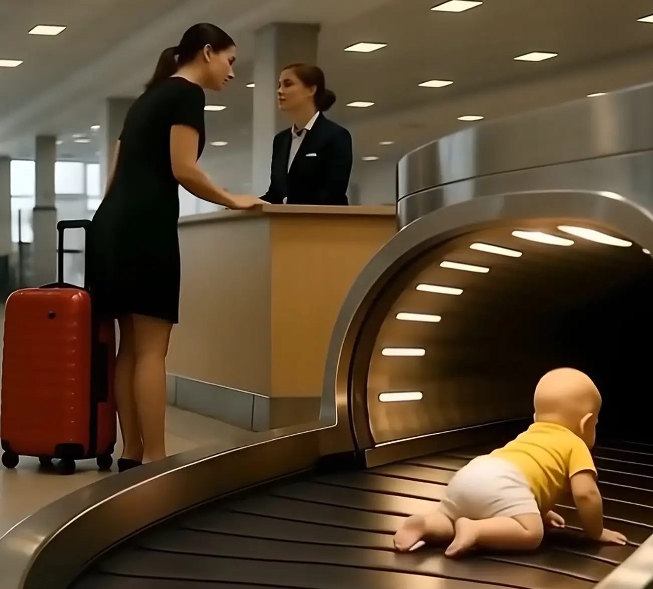 Bebê engatinhando em esteira de bagagem no aeroporto.