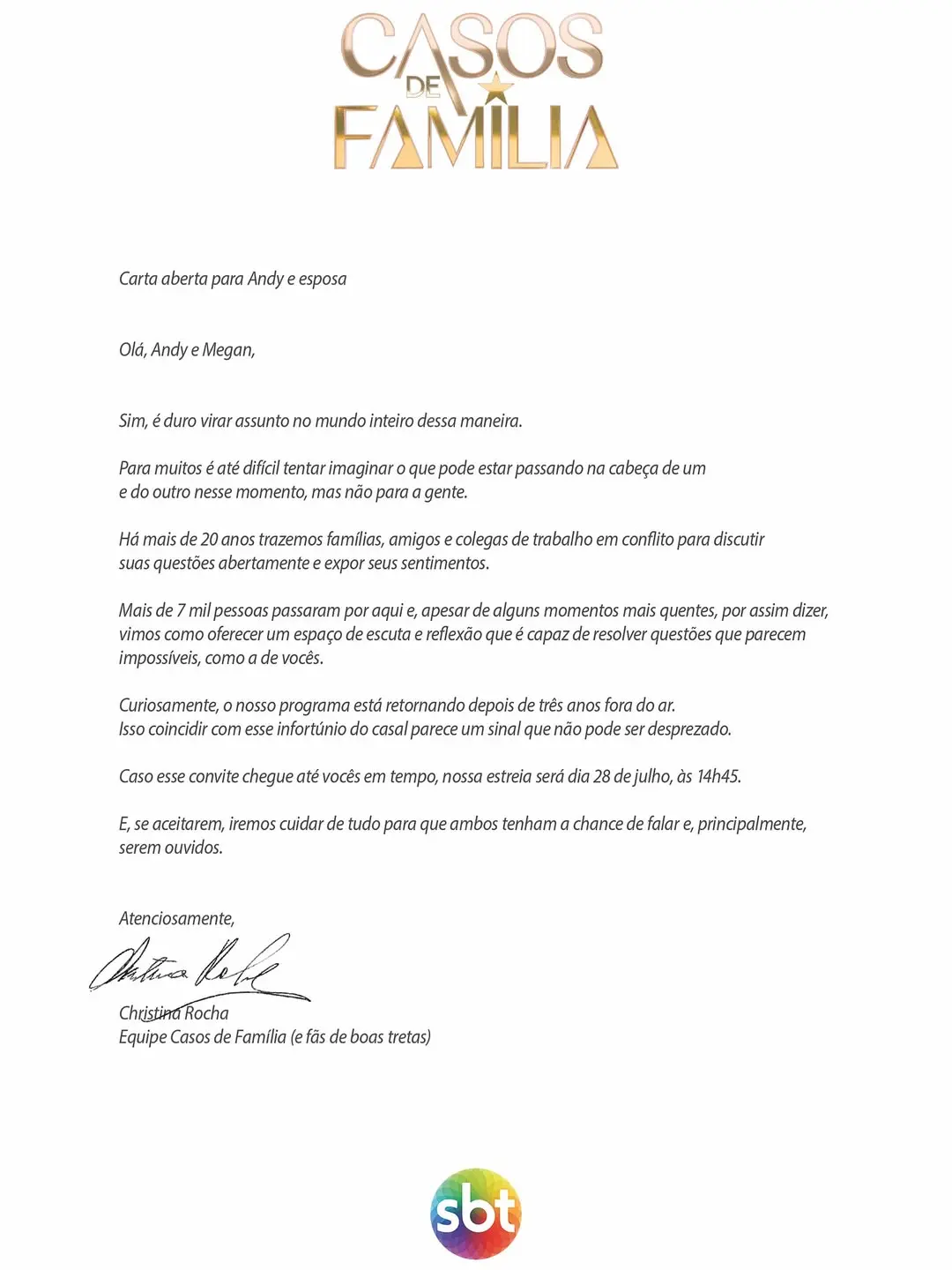 Carta de 'Casos de Família' da SBT para um casal.