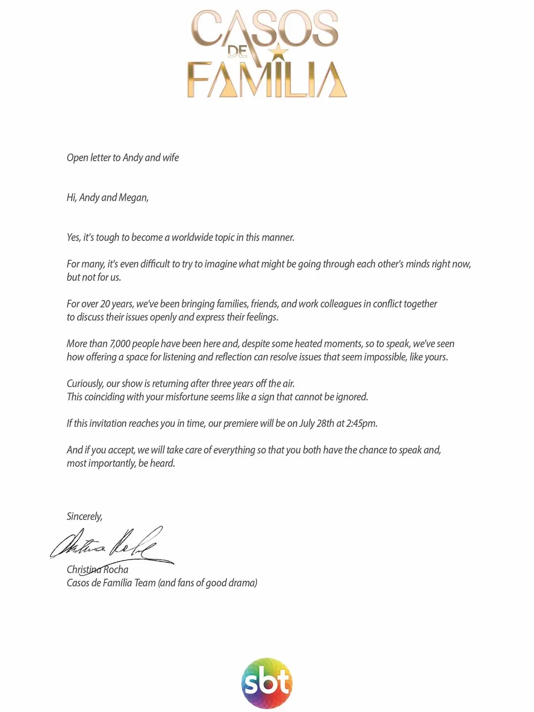 Carta aberta do Casos de Família para Andy e esposa.