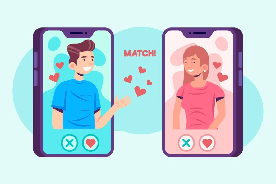 Ilustração de match em aplicativo de namoro.