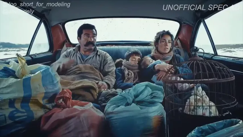 Família viajando em carro com pertences e pássaros.