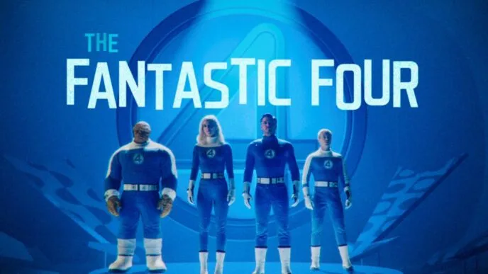 Heróis Quarteto Fantástico em uniformes azuis.