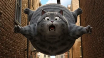 Gato animado voando em beco estreito.