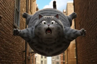 Gato animado voando em beco estreito.