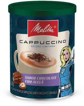 Lata de cappuccino Melitta, sabor chocolate com avelã.