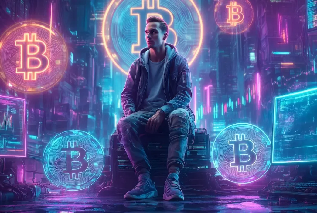 Pessoa em cenário futurístico com símbolos de Bitcoin.