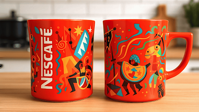 Canecas Nescafé laranja com ilustrações vibrantes na cozinha.