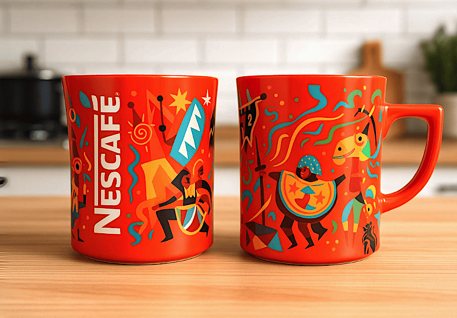 Canecas Nescafé laranja com ilustrações vibrantes na cozinha.