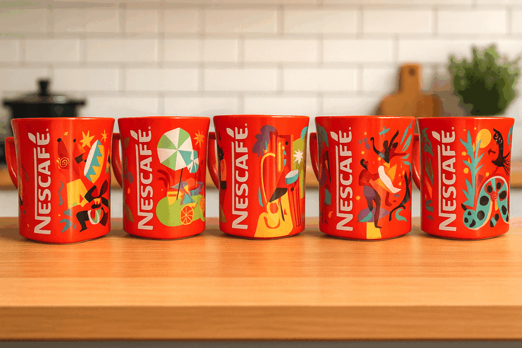 Cinco canecas ilustradas do Nescafé.