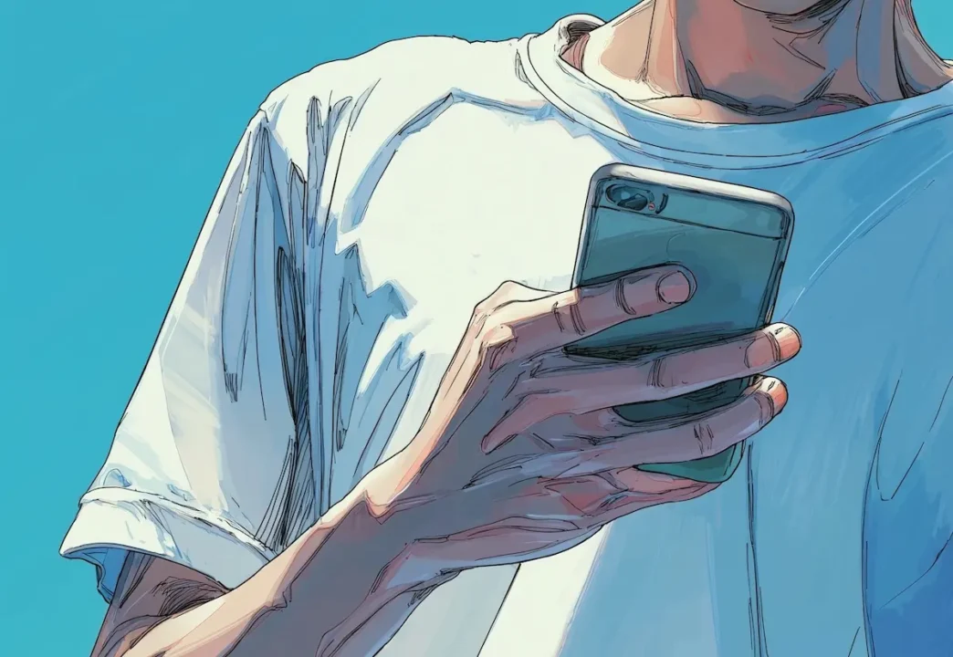 Pessoa usando smartphone com camiseta branca.