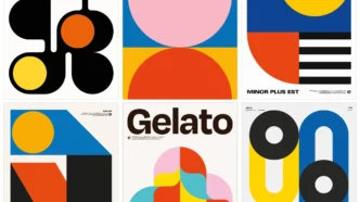 Posters geométricos coloridos em diferentes formas e designs.