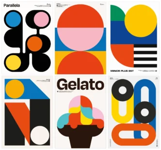 Posters geométricos coloridos em diferentes formas e designs.