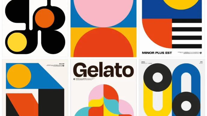 Posters geométricos coloridos em diferentes formas e designs.