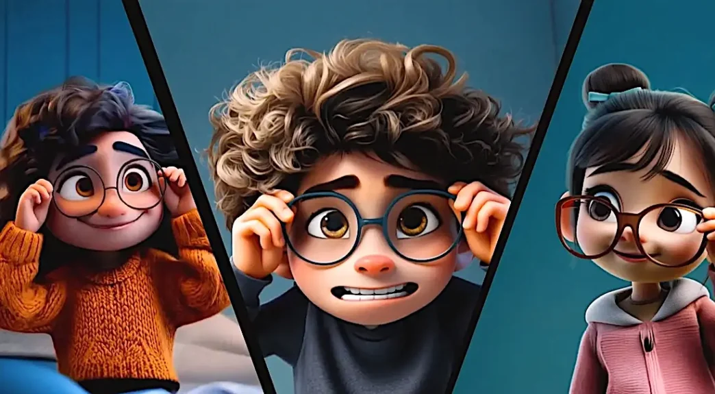 Três crianças animadas usando óculos grandes e redondos.