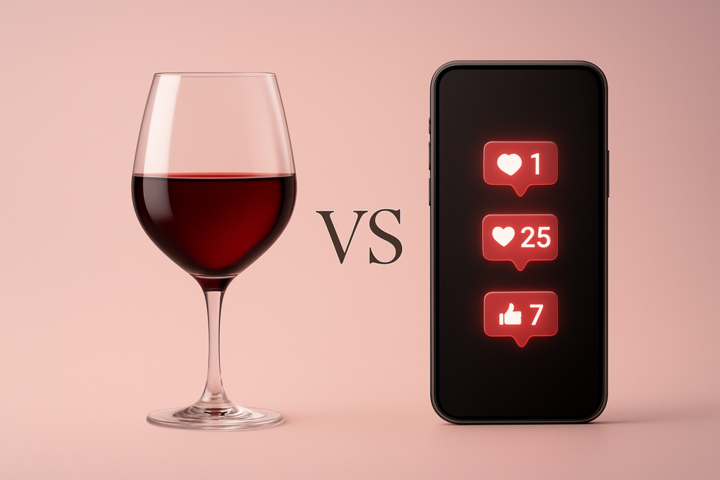 Taça de vinho versus smartphone com notificações.
