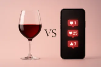 Taça de vinho versus smartphone com notificações.
