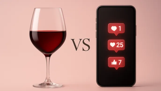 Taça de vinho versus smartphone com notificações.