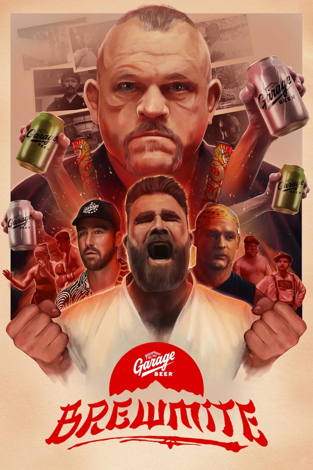Cartaz com homens, mãos e latas de cerveja.
