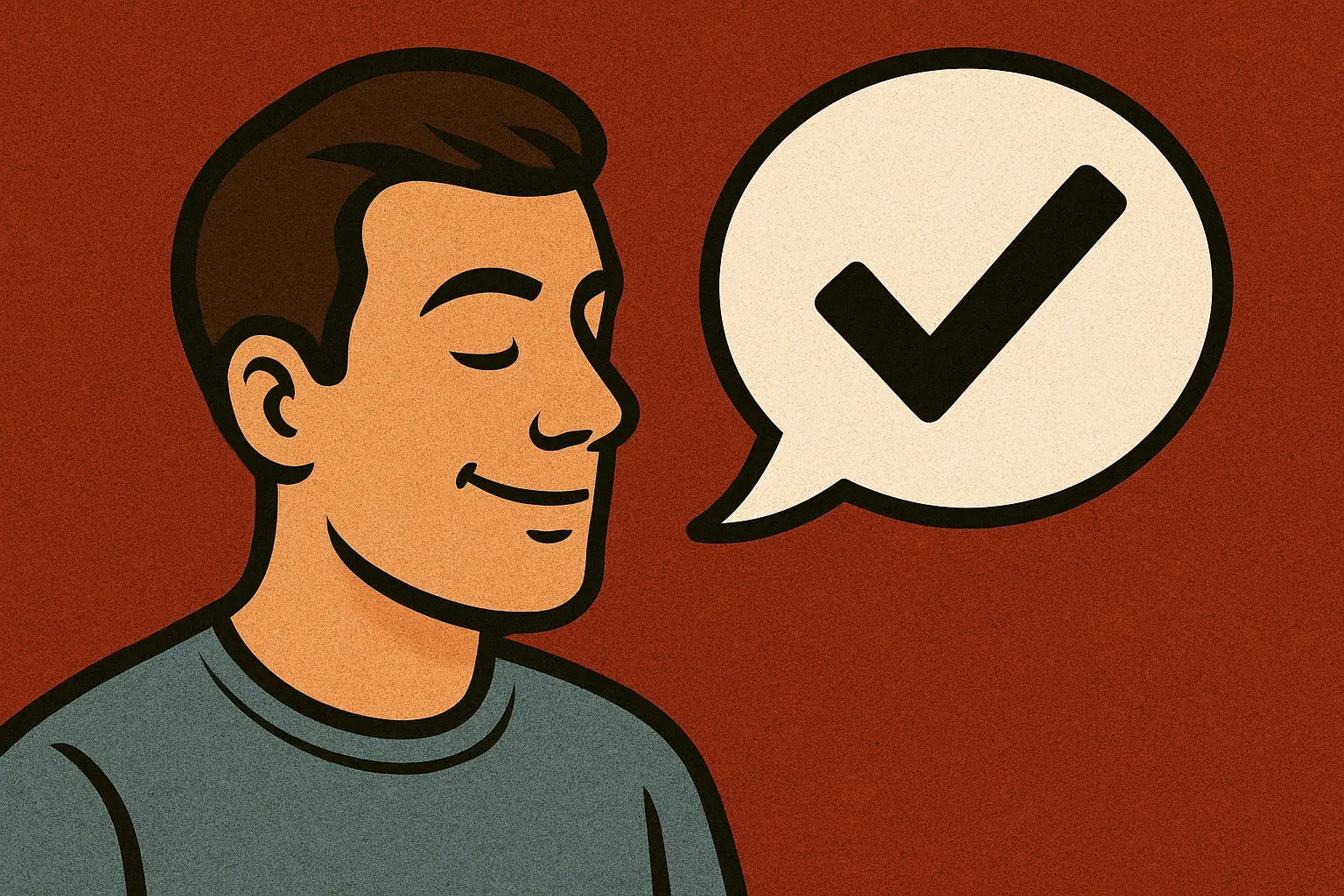 Homem sorrindo com balão e símbolo de verificação.