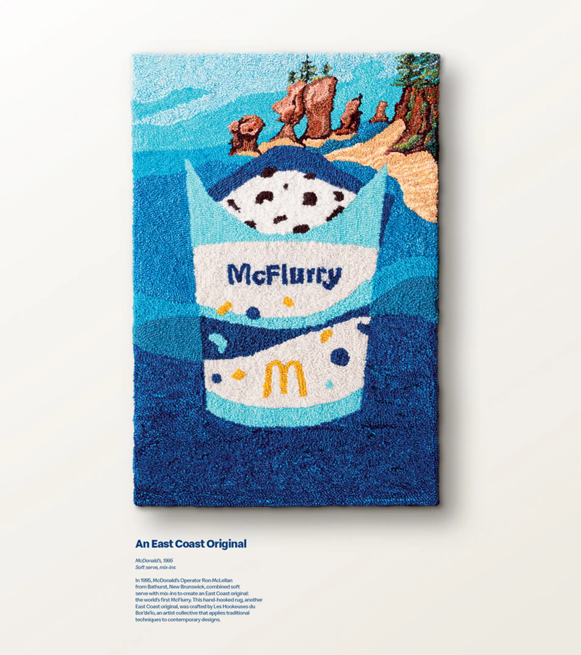 Arte têxtil do sorvete McFlurry com cenário litorâneo.