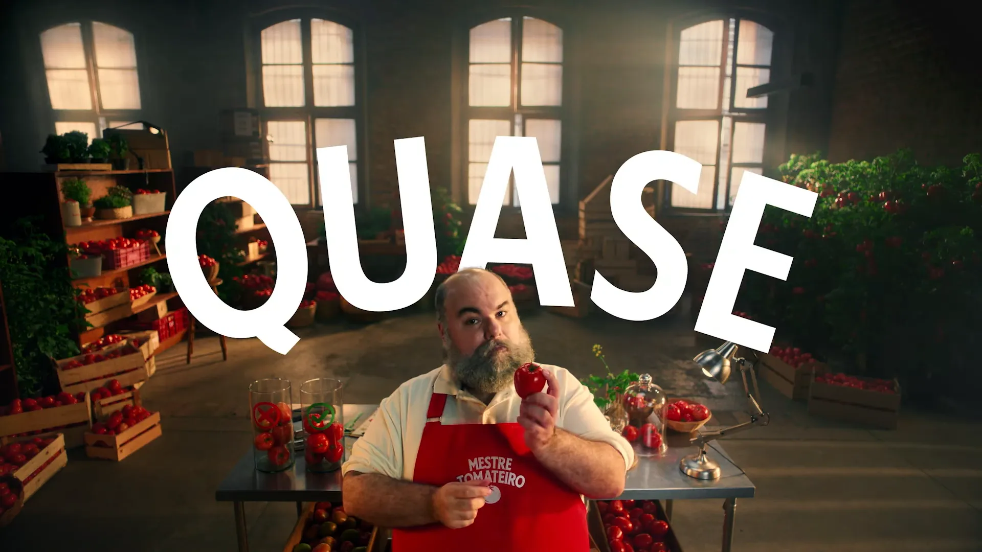 Homem segurando tomate em mercado com cartaz 'Quase'.