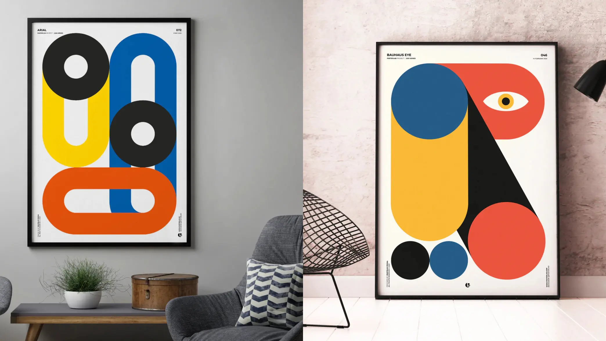 Pôsteres abstratos coloridos em salas de estar modernas.