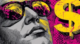 Arte pop ilustrativa com óculos e símbolo de dólar.