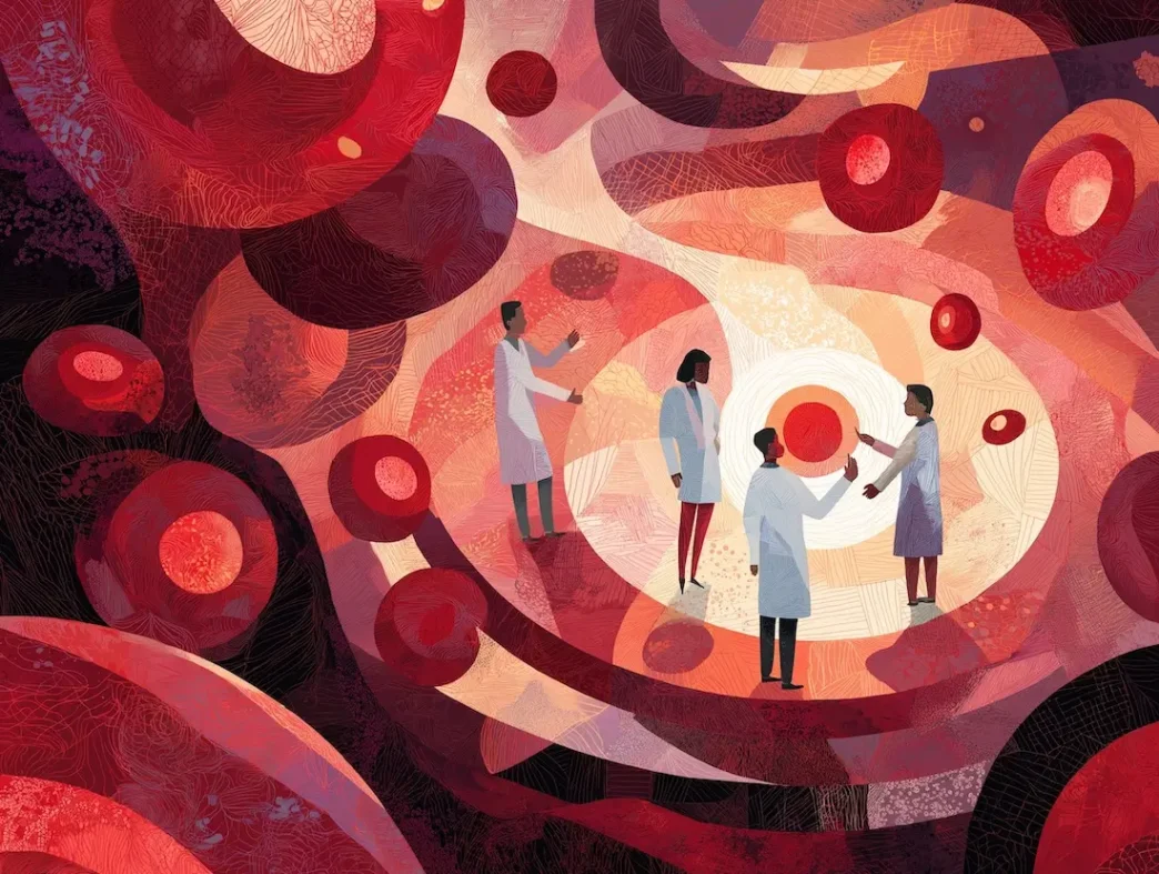 Cientistas estudam células vermelhas em ilustração abstrata.