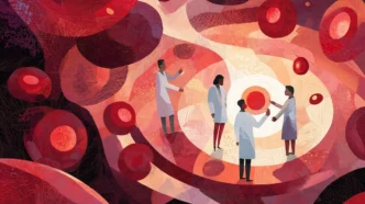 Cientistas estudam células vermelhas em ilustração abstrata.