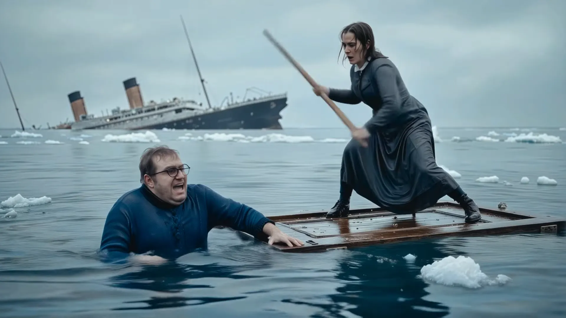 Navio afundando com sobreviventes em escombros no gelo.