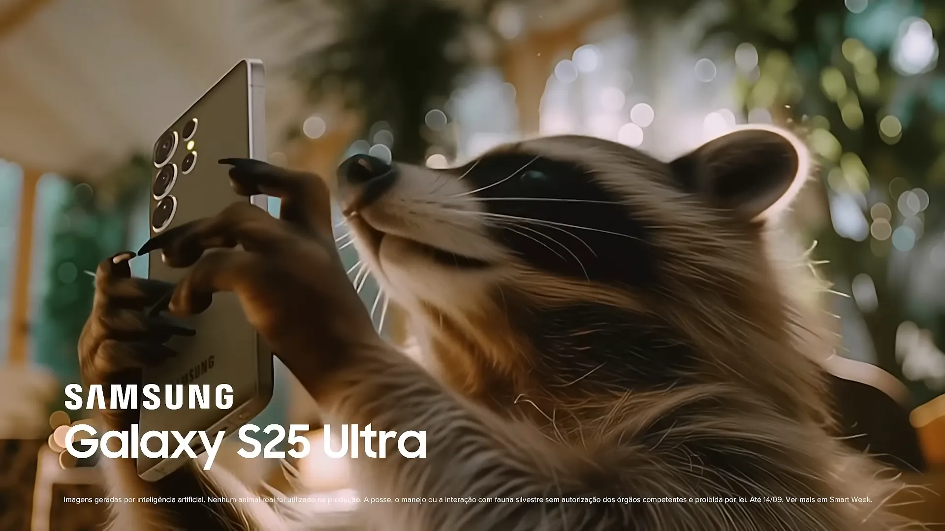 Guaxinim usando celular Samsung Galaxy S25 Ultra.