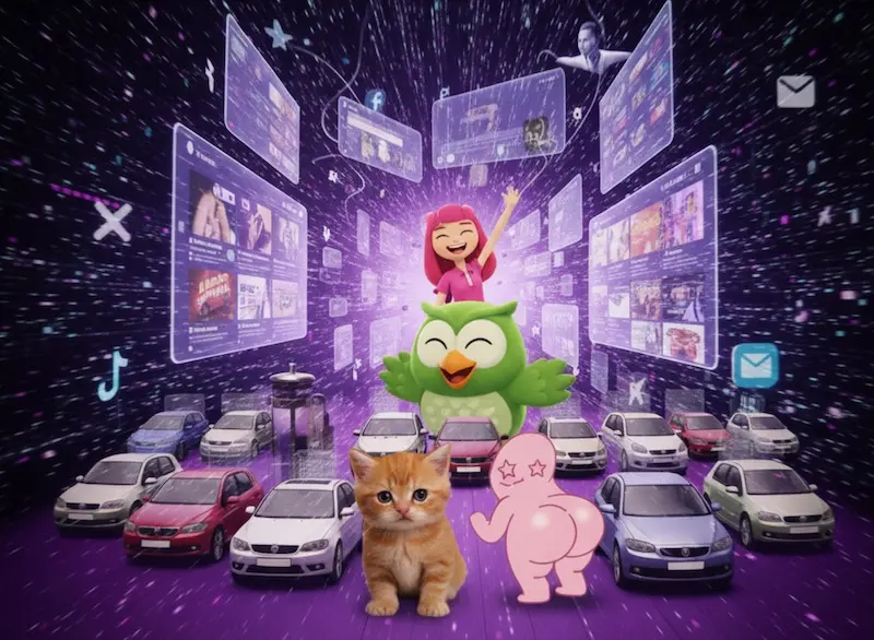 Mundo digital, carros e ícones digitais coloridos.