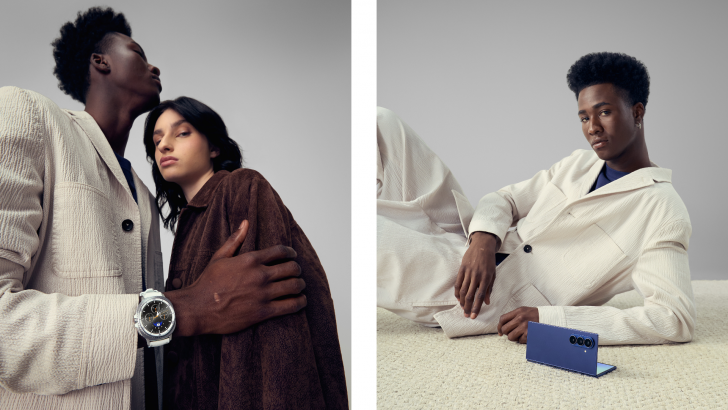 Modelos em ternos, relógio e smartphone moderno.