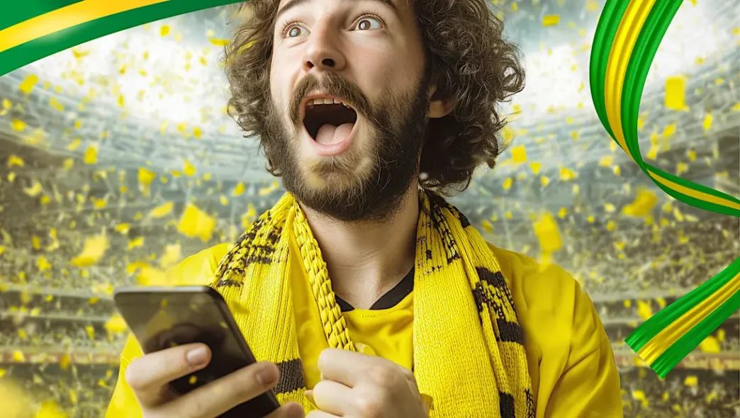 Torcedor vibrante com cachecol amarelo no estádio.